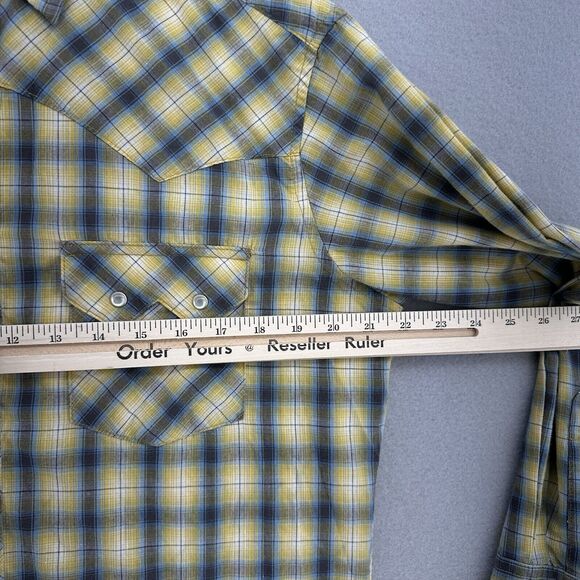 Y2K Wrangler Western Blue Yellow Plaid Pearl Snap Sleeved Shirt Mens M‎ Cowboy - Picture 8 of 8